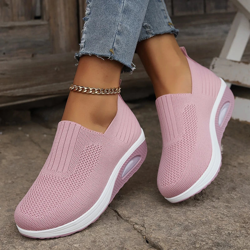Breathable Knit Wedges Sneakers Woman Spring Autumn Slip On Platform Sport Sneakers Woman Plus Size Thick Sole Walking Shoes