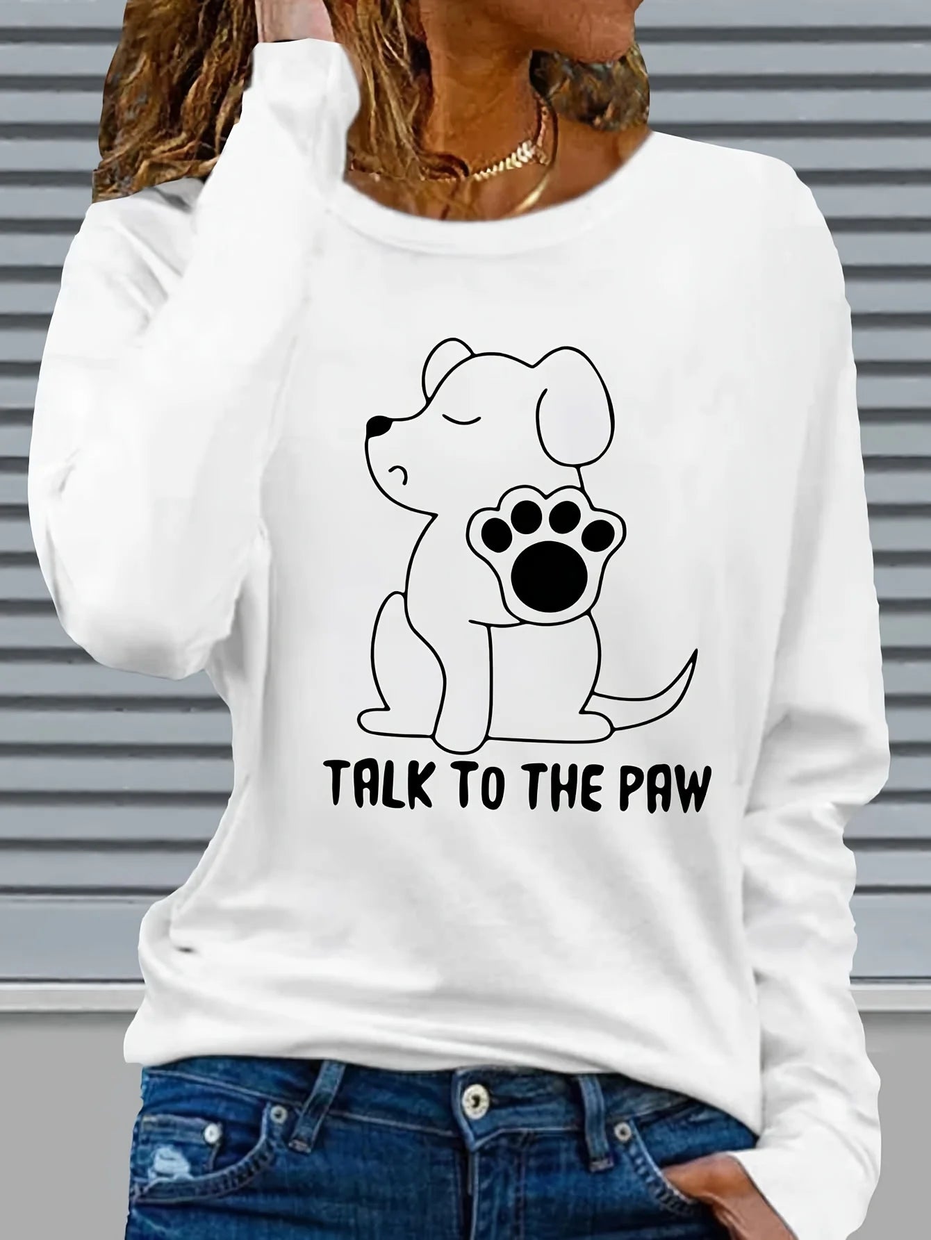 Women's Spring and Autumn 100% Cotton Fashion Casual Loose Fun Dog Pattern Printed Round Neck Long Sleeve T-shirt Top