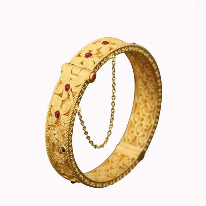 Pure gold 24K gold bracelet AU999 national trend enamel orchid heart retro palace style  hollow filigree female jewelry