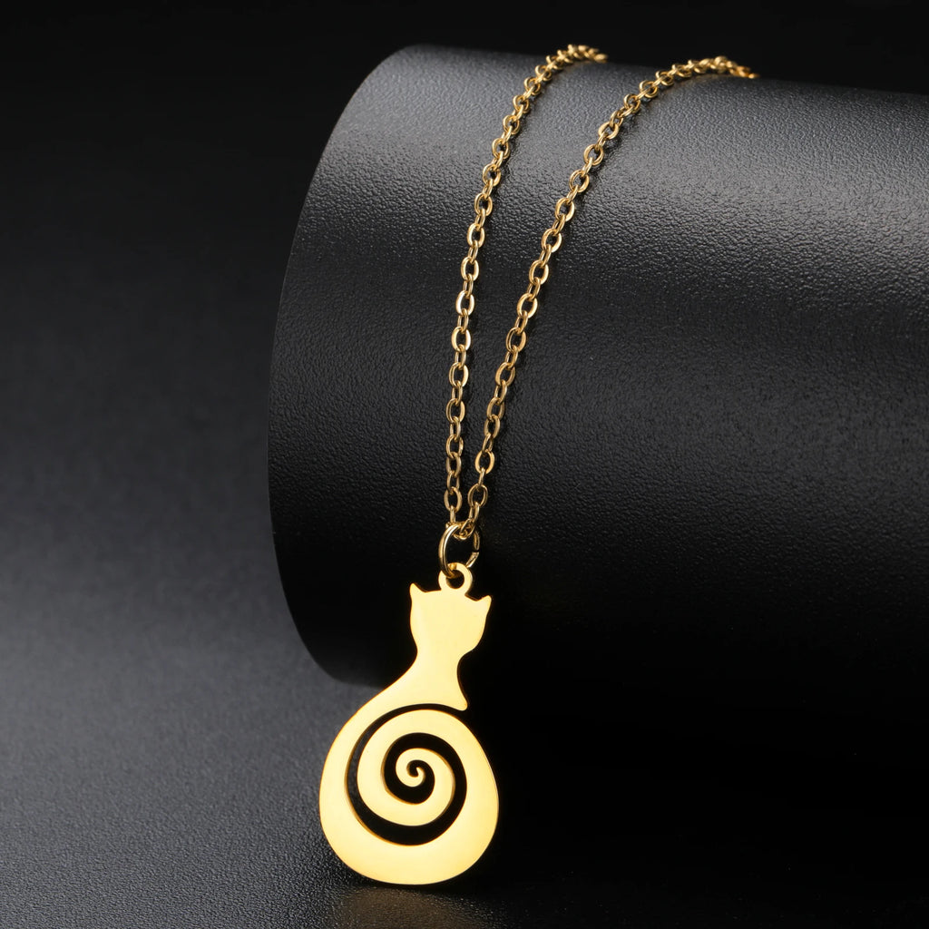 Cazador Cat Kitten Cute Swirl Spiral Tail Necklace Stainless Steel Pendant Women's Necklace Jewelry Birthday Gifts 2025 Trendy