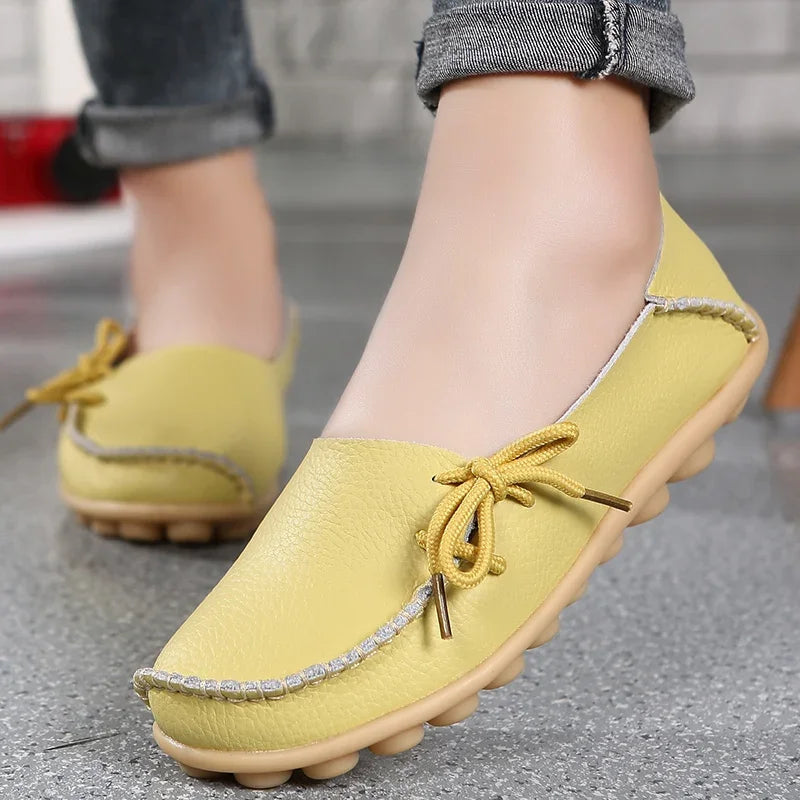 Moccasins Women Flats  Autumn New Woman Loafers Genuine Leather Female Shoes Slip on Ballet Bowtie Women's Shoes Big Size