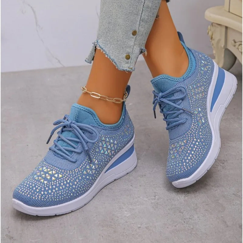 Women's Shiny Rhinestone Wedge Sneakers Breathable Knit Non Slip Walking Shoes Woman Plus Size Fashion Thick Sole White Sneakers