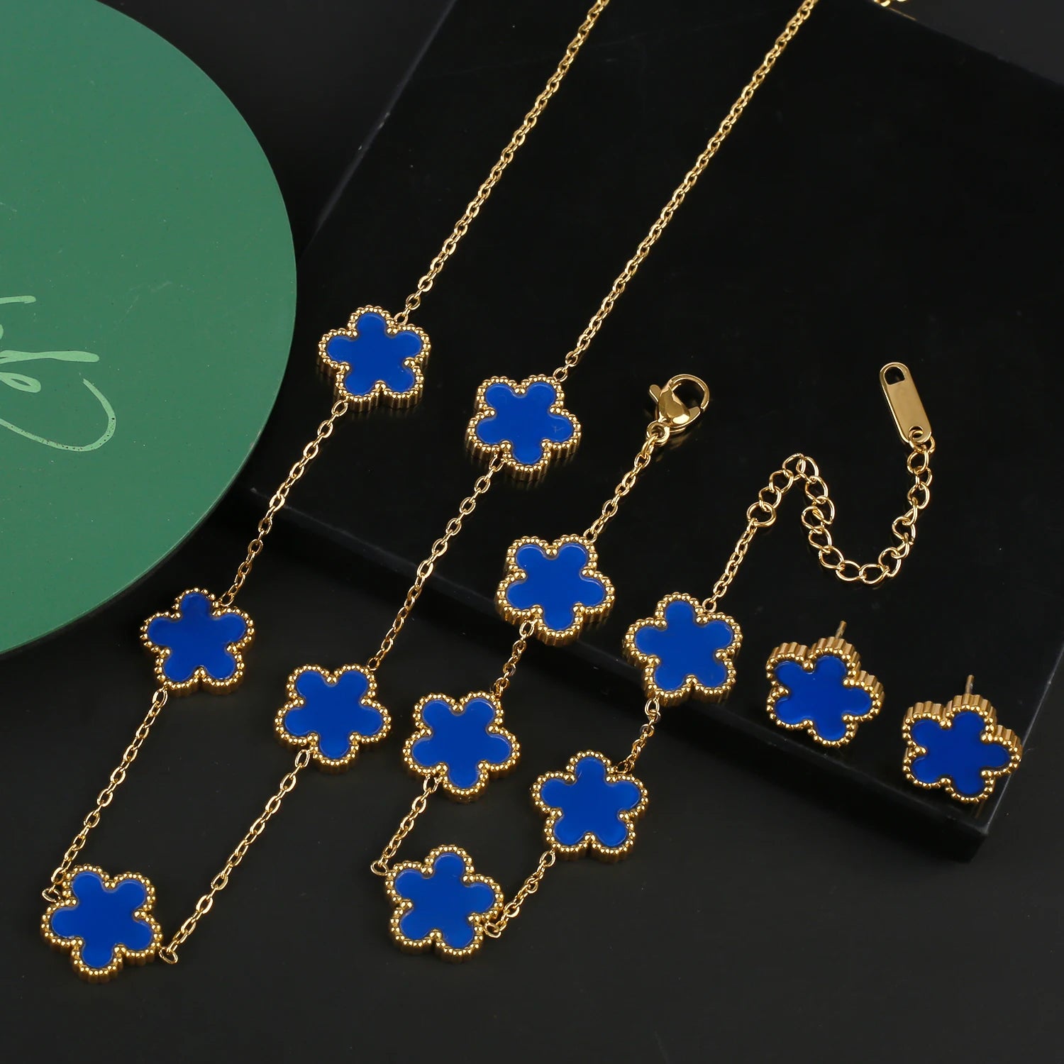 INS Hot Sale Stainless Steel Five Laef Flower Clover Bracelet Jewelry Set Necklace Earrings For Woman Daily Wear Brand Jewelry