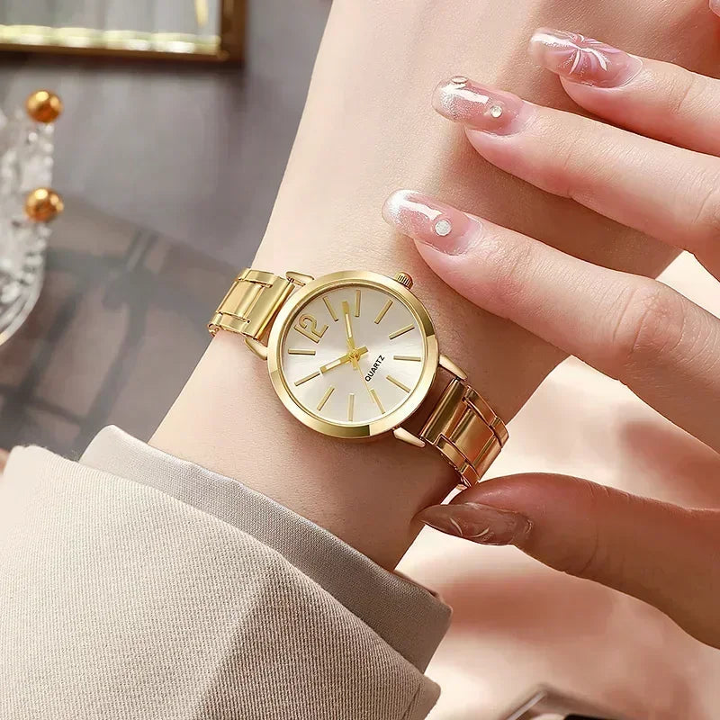 2pcs Set Luxury Watch for Women Simple Round Dial Stainless Fashion Gold Bracelet Quartz Wristwatch Ladies Watches Reloj Mujer