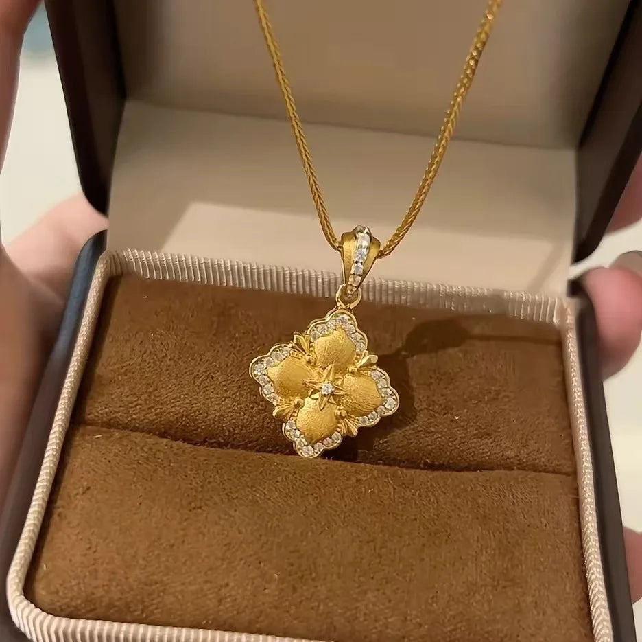 Luxury 24K real gold necklace Italian brushed craft au9999 gold retro palace Buqi style autumn and winter collarbone chain