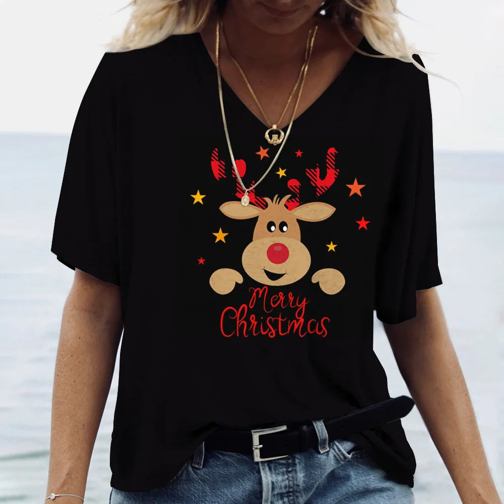 Merry Christmas Women's Short sleeved V-neck T-shirt Christmas Tree Santa Claus Letter Print Simple Trendy Trend Women Clothing