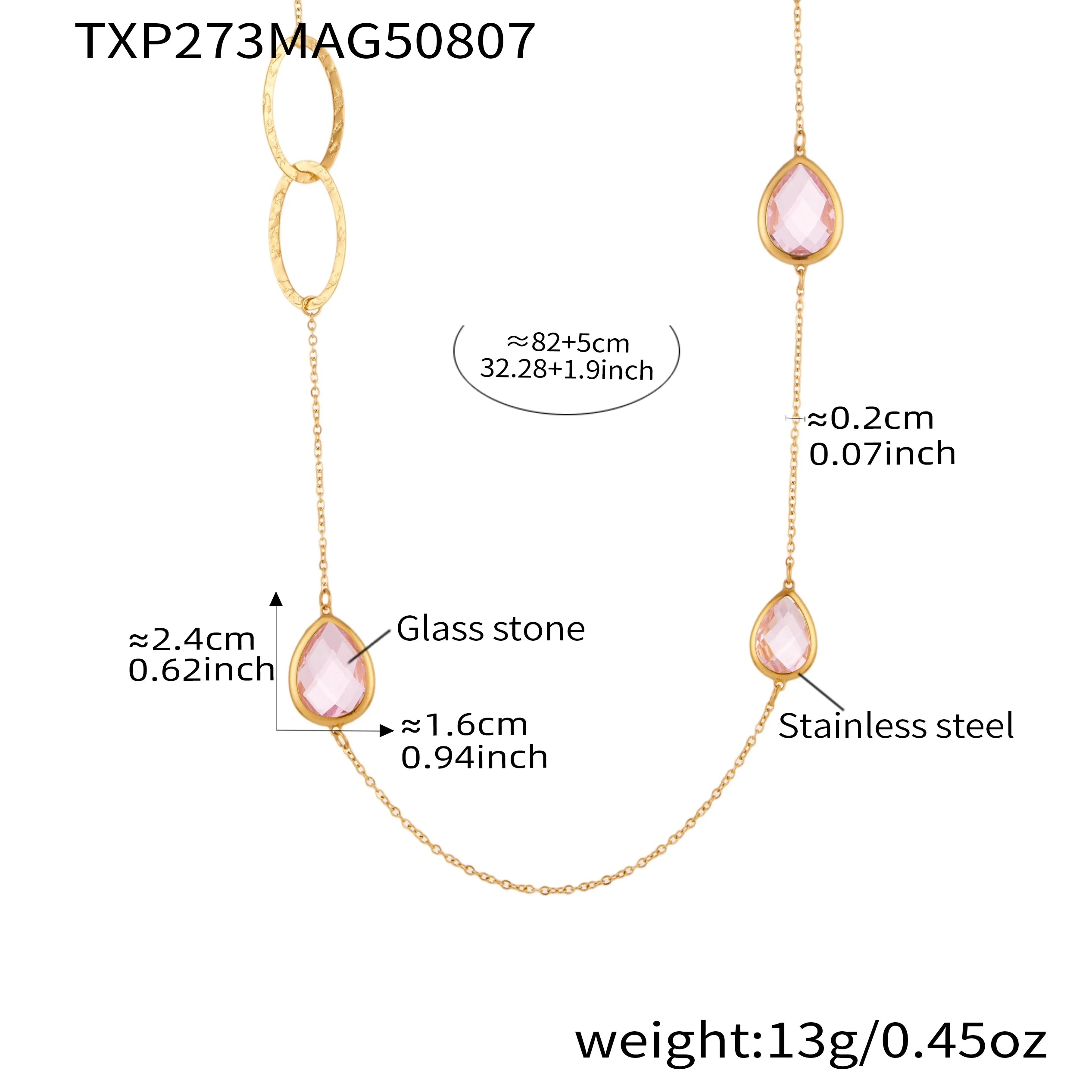 Colorful Glass Water Drop Pendant Necklace for Women's Waterproof Stainless Steel Gold-plated Chain 87cm Long Necklace Jewelry