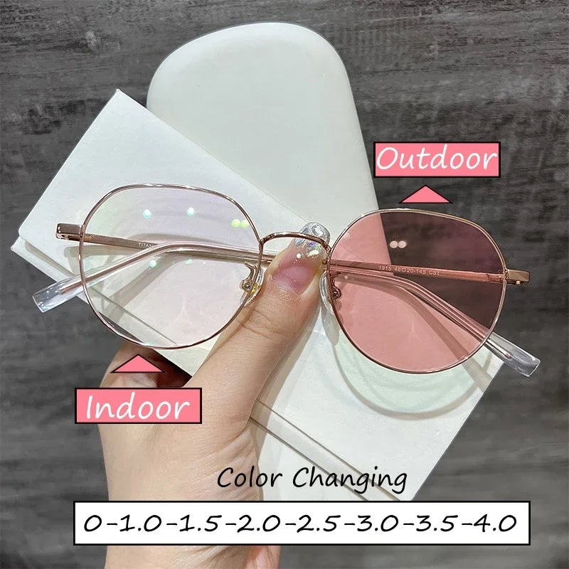 Fashion Photochromic Myopia Glasses Men Women Vintage Finished Near Sight Eyeglasses Retro Round Frame Intelligent Sunglasses