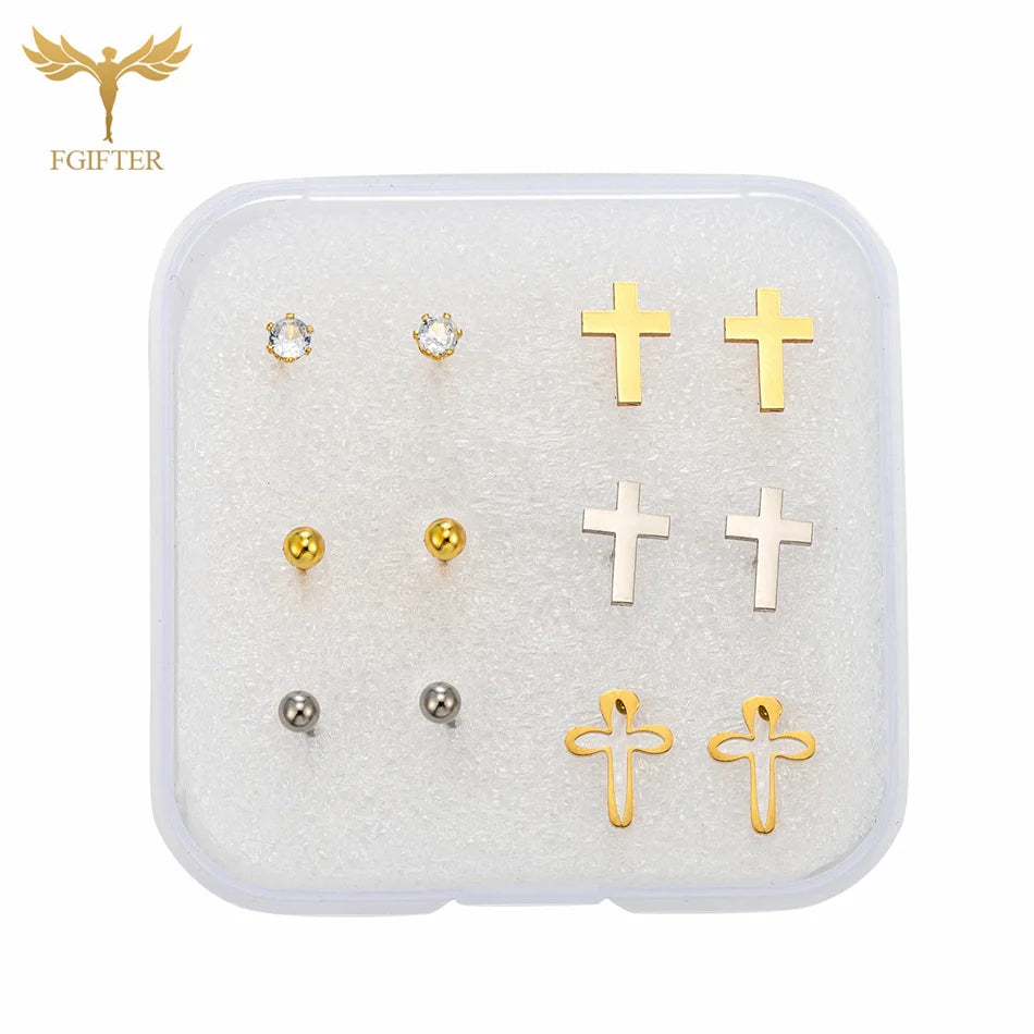 Christian Jesus Cross Earrings Zircon Balls Stainless Steel Stud Earings Set Women Men Jewelry Small Christmas Gifts With Box