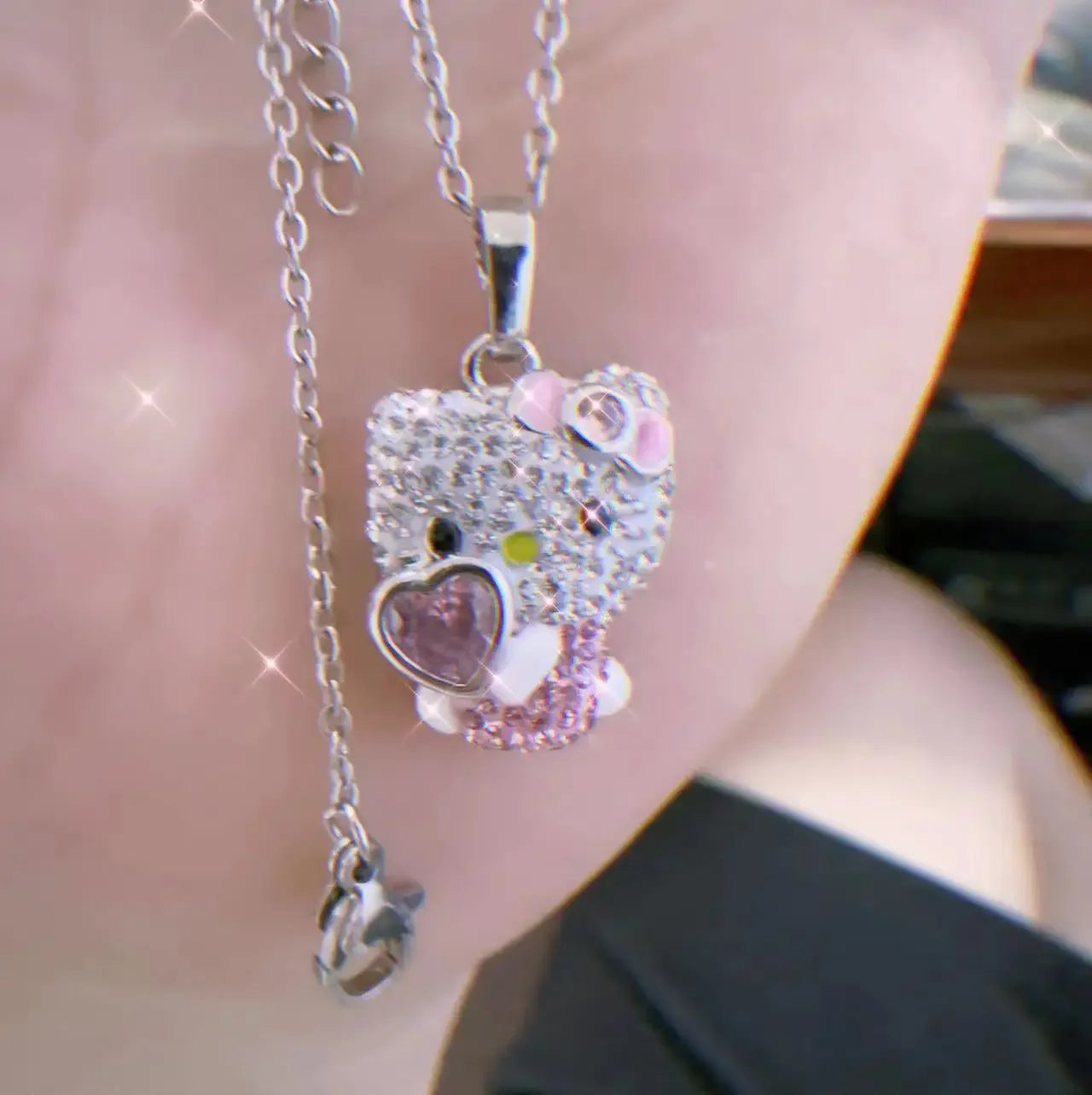Sanrio Hello Kitty Necklace Anime Character Pink Peach Heart Crystal Cat Push-Pull Bracelet Pendant Couple Decoration Girl Gift
