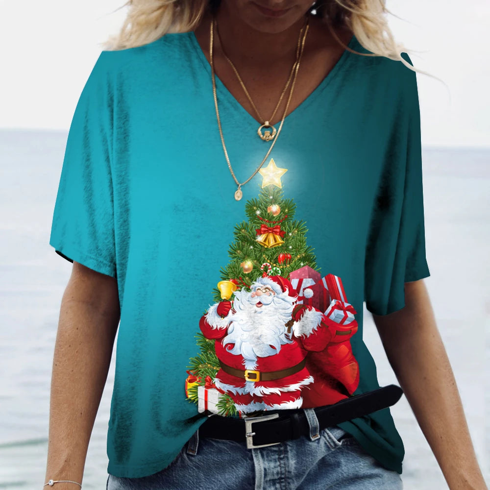 Merry Christmas Women's Short sleeved V-neck T-shirt Christmas Tree Santa Claus Letter Print Simple Trendy Trend Women Clothing