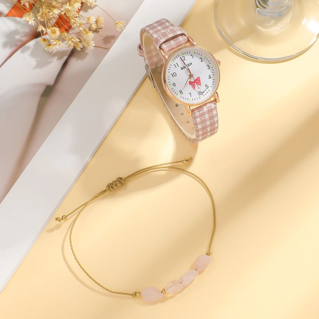 No gift box; cute pink girl's watch and bracelet set; suitable for festivals and birthdays as a gift.