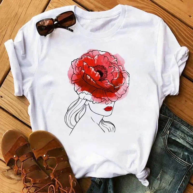 Female Short Sleeve Tshirt Harajuku Tee Shirts Girls T-shirts Fashion Red Poppy Women T Shirt Funny Black Printed Tops Tee