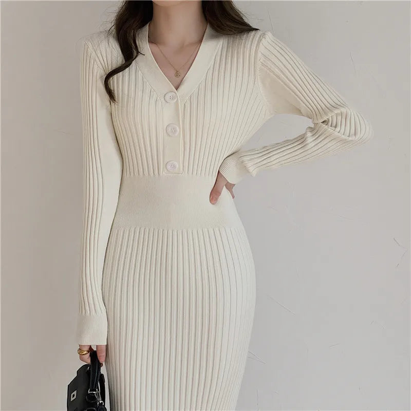 Autumn Winter Sweater Dress For Women 2024 New Arrivals Buttons Up V Neck High Waist Long Knitted Dress Korean Maxi Dresses