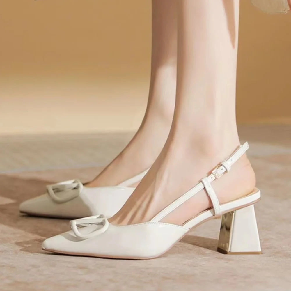 Fashion Solid Thin Heels Sandals for Women New Hot Sale Summer Casual Med Heel Ladies Shoes One-line Buckle Women's Sandals