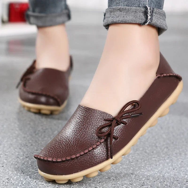 Moccasins Women Flats  Autumn New Woman Loafers Genuine Leather Female Shoes Slip on Ballet Bowtie Women's Shoes Big Size