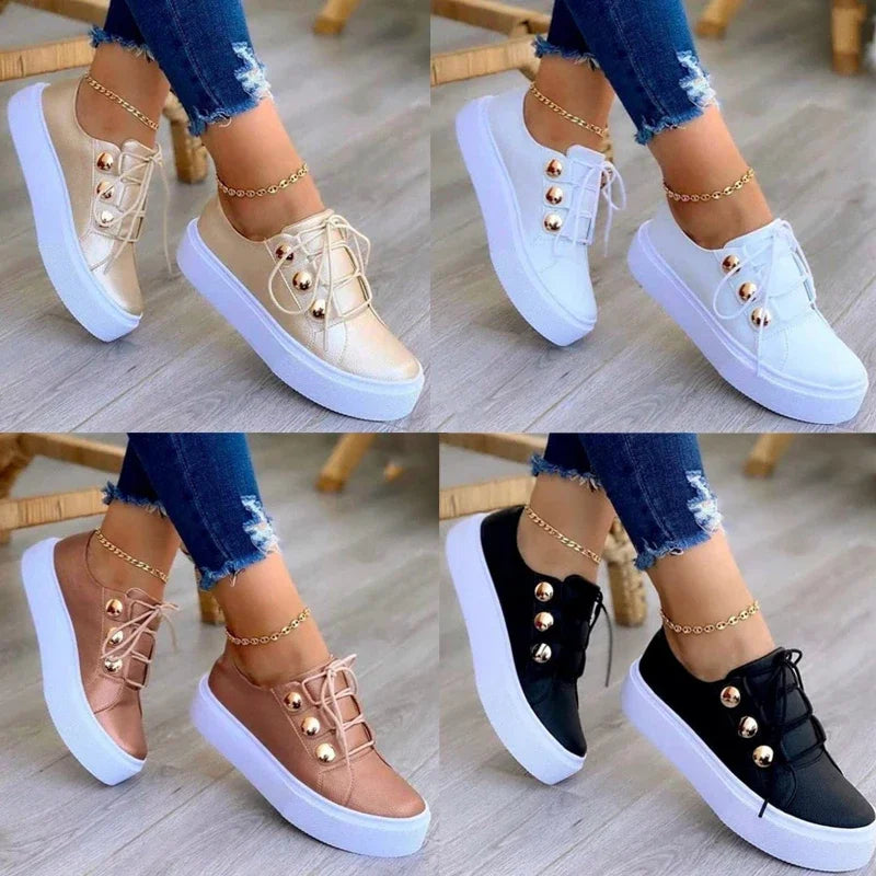 Women's Shoes Pu Leather Sneakers Fashion High Quality Casual Shoes Round Toe Lace Up Flats Plus Size Platform Vulcanize Shoes