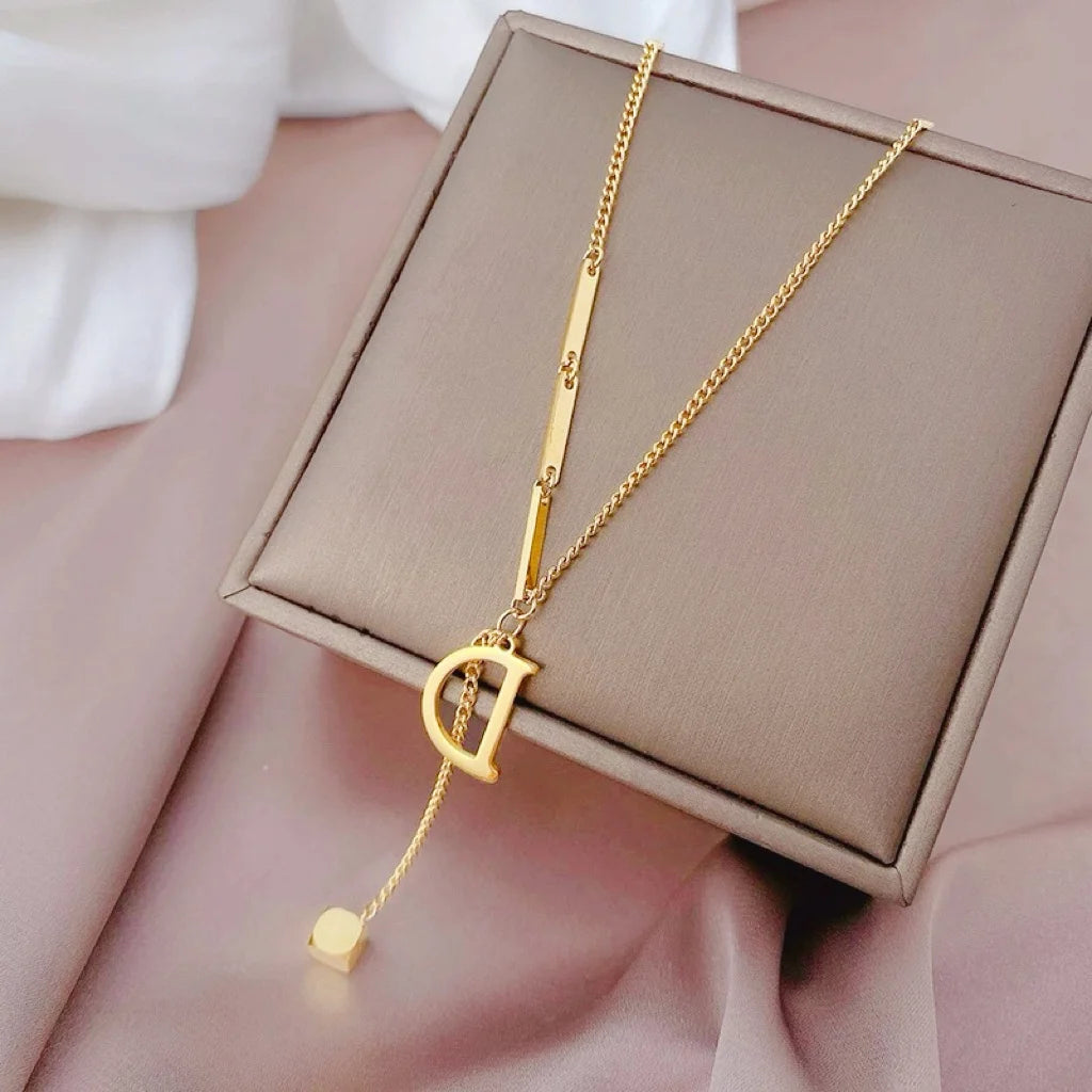 Luxury 24K 9999 Pure Gold real gold D Letter Women Necklace Geometric Square Pendant Clavicle Chain