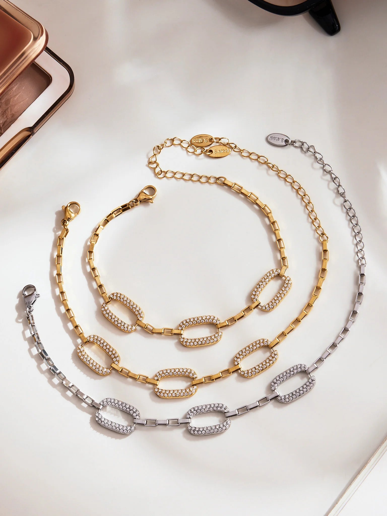 Stainless Steel Chain Necklace Bracelet Matching Earring For Women 18k Gold Plated With Zircon Necklaces Bracelets Earrings Set