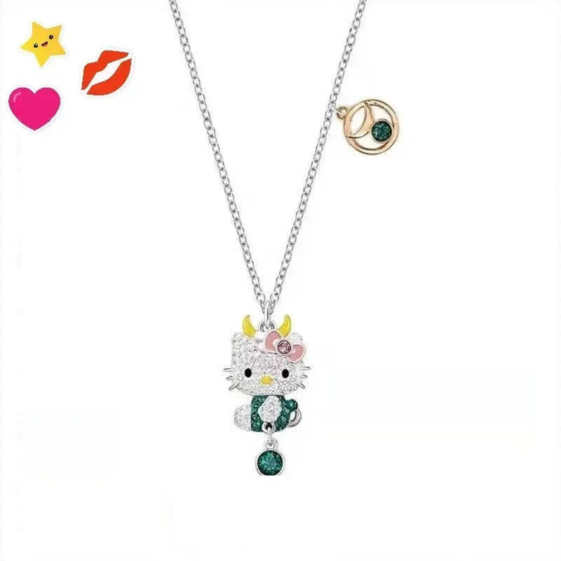 Sanrio Hello Kitty Necklace Anime Character Pink Peach Heart Crystal Cat Push-Pull Bracelet Pendant Couple Decoration Girl Gift