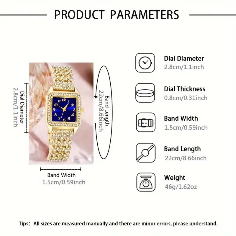 5Pcs/Fashion Roman Full Diamond Square Ladies Watch Women's Quartz Watch + Necklace, Earrings, Rings Jewelry Set