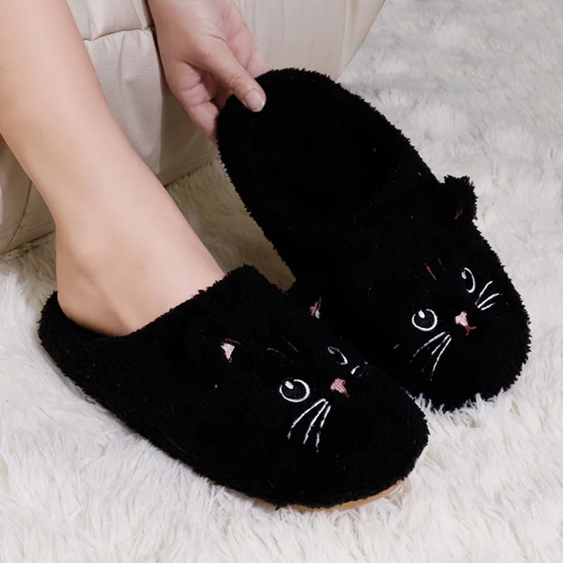Winter Cute Cat Plush Slippers Women Indoor Comfortable Quiet Soft Sole Floor Slides Couples Winter Warm Fuzzy House Sandals