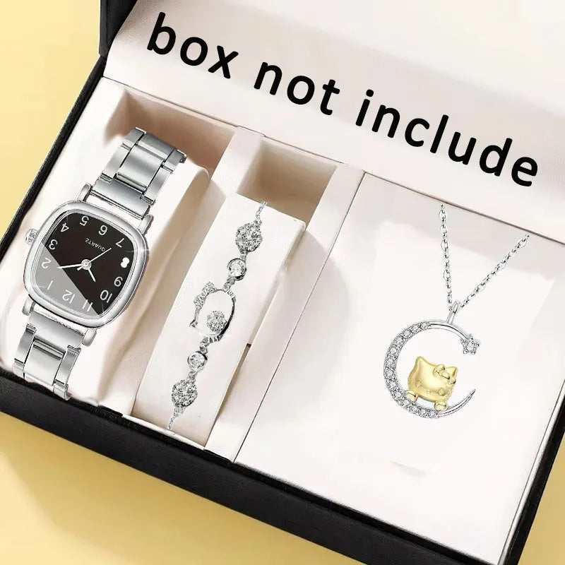 3 pieces/set Women Couple Wristwatch Female Student Small Square Quartz Watch Hello Kitty necklace bracelet quartz watch Gift