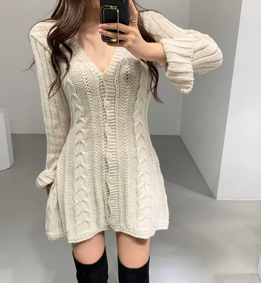 Sweater Dress for Women Long Sleeve Cable Knit Button Down Knitted Mini Dress for Women Teen-girl Fall Winter Chic Outfit