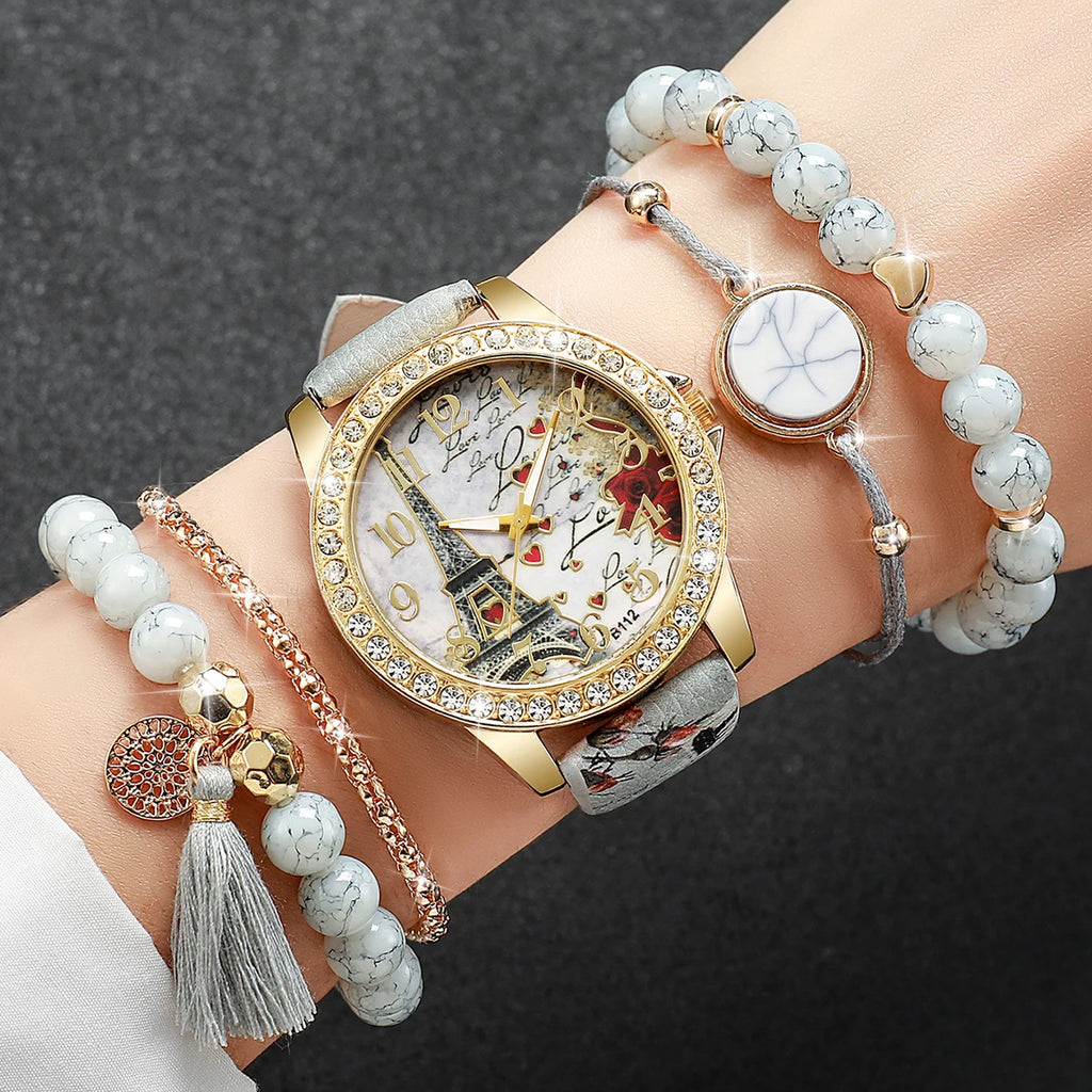3/4/5PCS Fashion Rhinestone Women's Watch Flowers Printed Leather Band Female Quartz Watches Bracelets Set（Without Box）