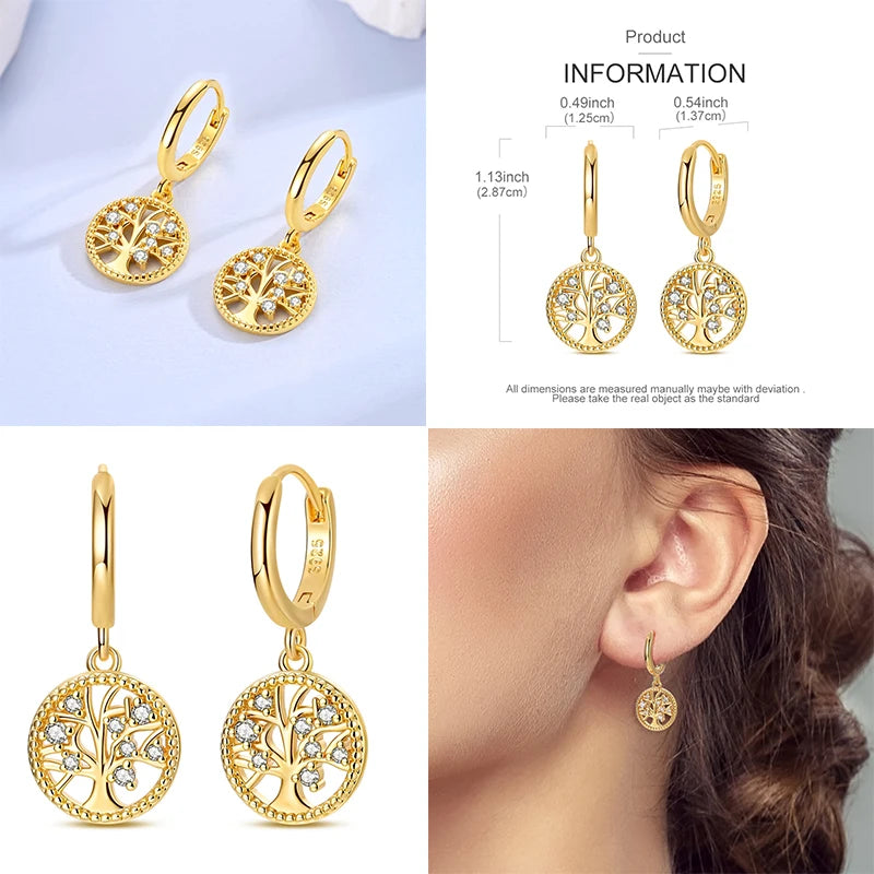 Ladies' Gold Earrings 925 Pure Silver Tree of Life Earrings, Birthday, Wedding, Engagement Party Fashion Jewelry Gifts 2025 New