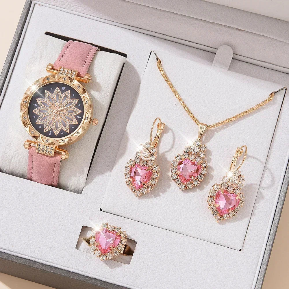5/6PCS Set Rose Gold Luxury Watch Women Ring Necklace Earring Rhinestone Fashion Wristwatch Casual Ladies Bracelet( No Box)