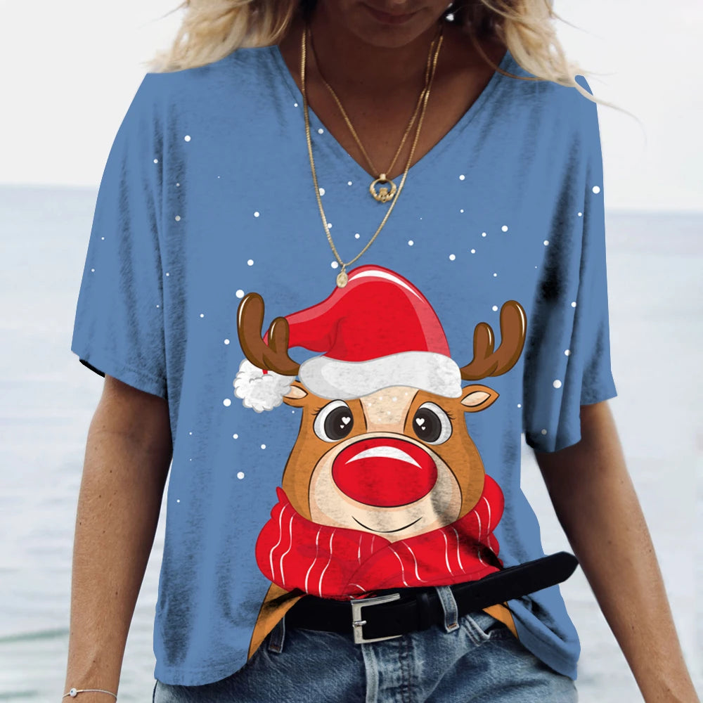 Merry Christmas Women's Short sleeved V-neck T-shirt Christmas Tree Santa Claus Letter Print Simple Trendy Trend Women Clothing