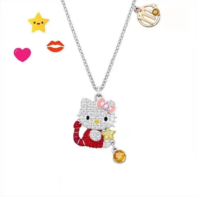 Sanrio Hello Kitty Necklace Anime Character Pink Peach Heart Crystal Cat Push-Pull Bracelet Pendant Couple Decoration Girl Gift