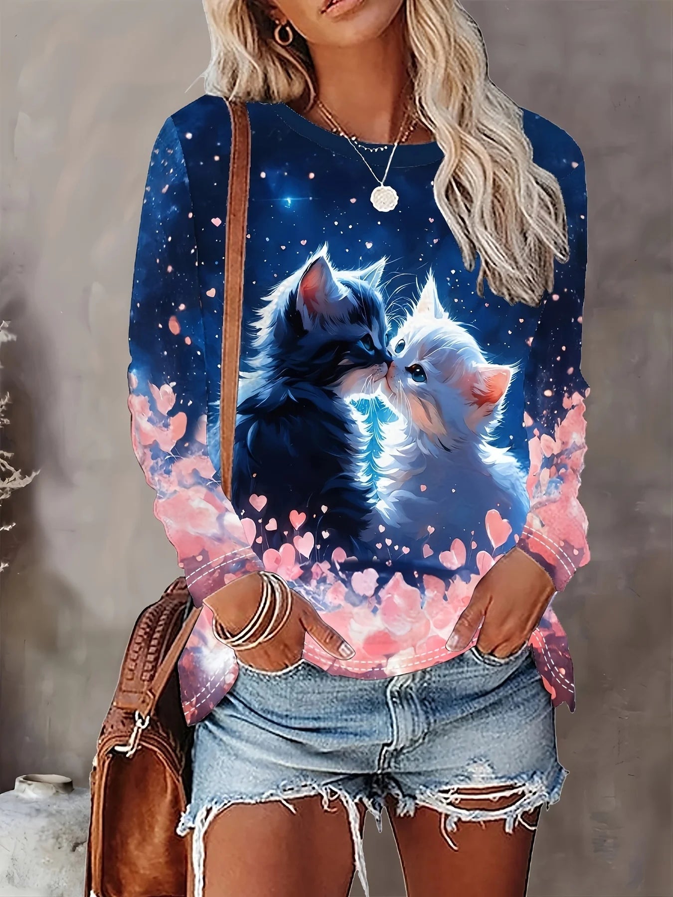 Women's 2024 sleeves stitching fox print round neck long sleeve party autumn casual pullover 3d printing casual fashion tops