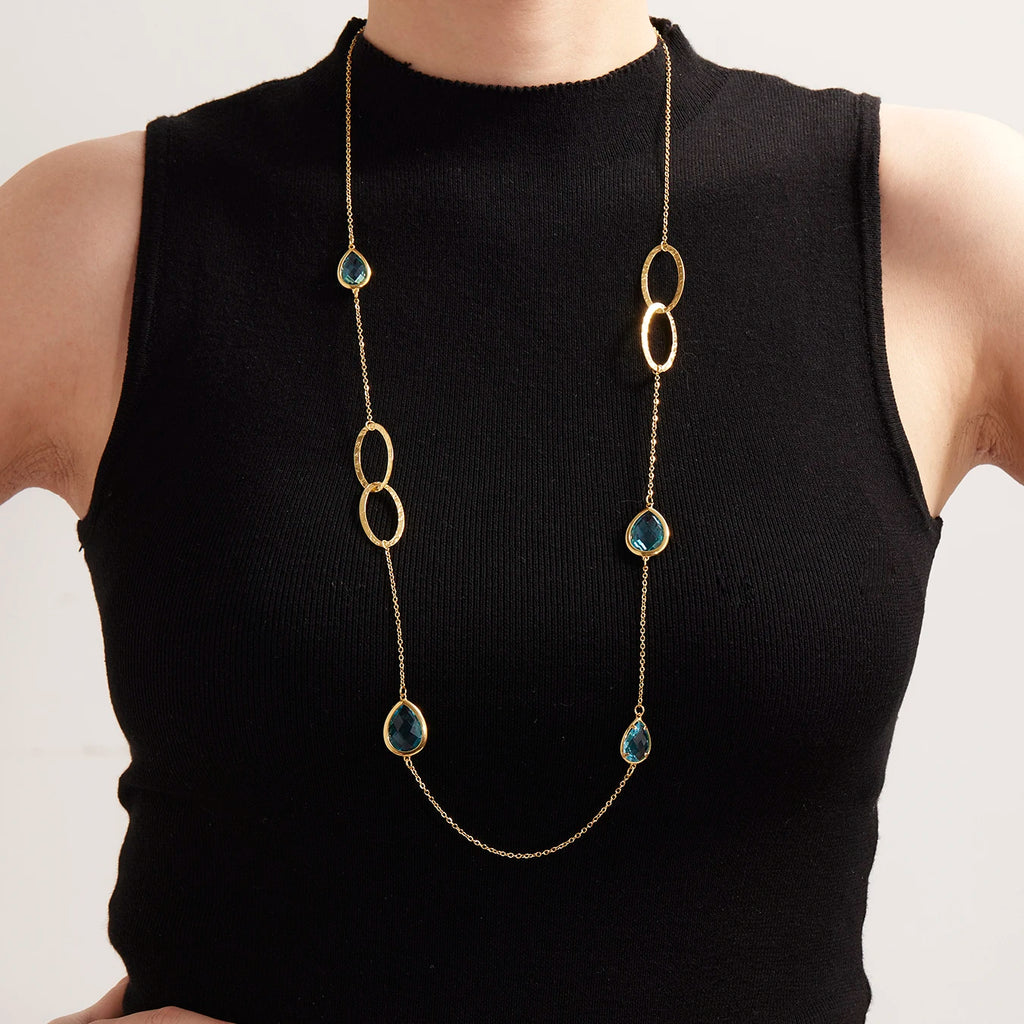 Colorful Glass Water Drop Pendant Necklace for Women's Waterproof Stainless Steel Gold-plated Chain 87cm Long Necklace Jewelry