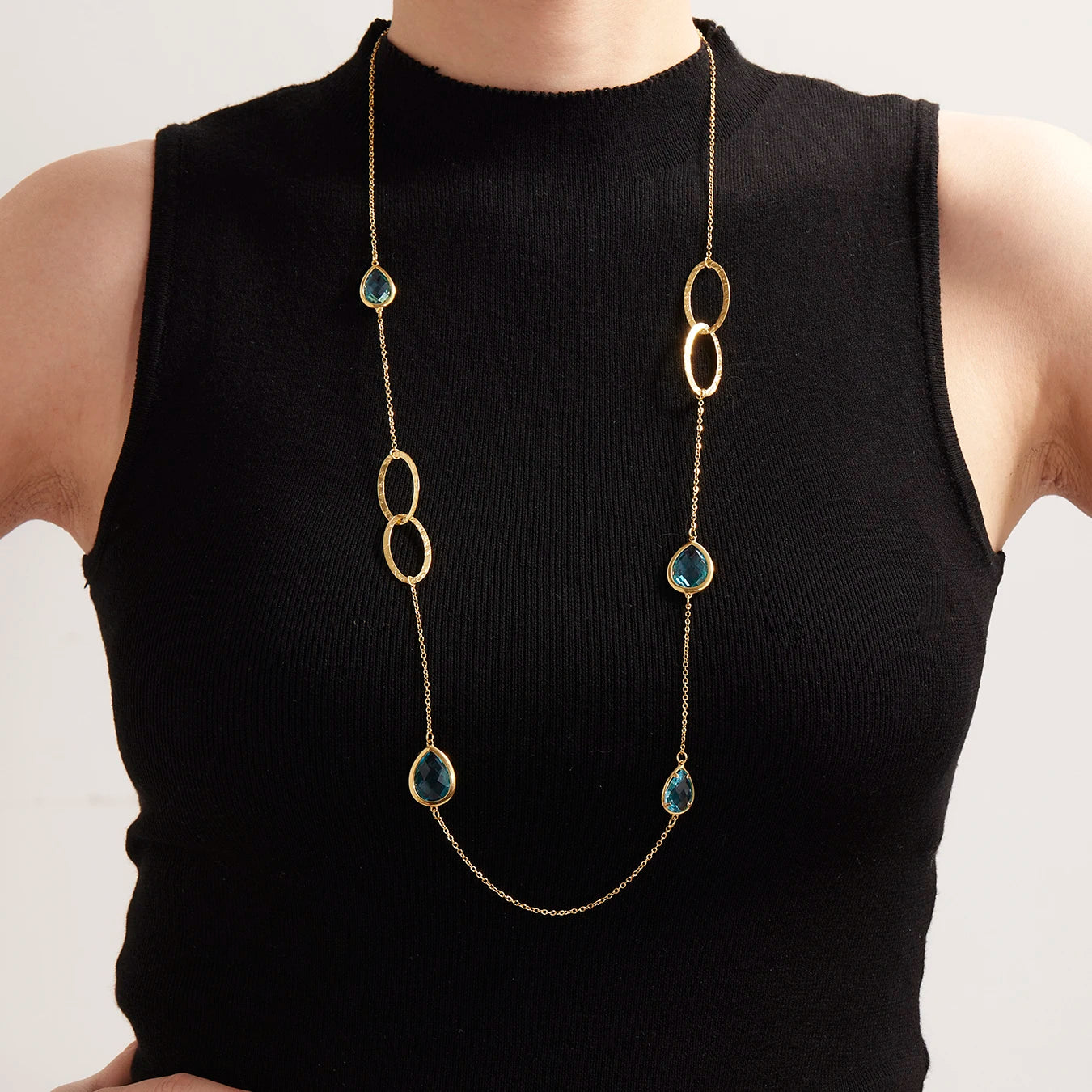 Colorful Glass Water Drop Pendant Necklace for Women's Waterproof Stainless Steel Gold-plated Chain 87cm Long Necklace Jewelry