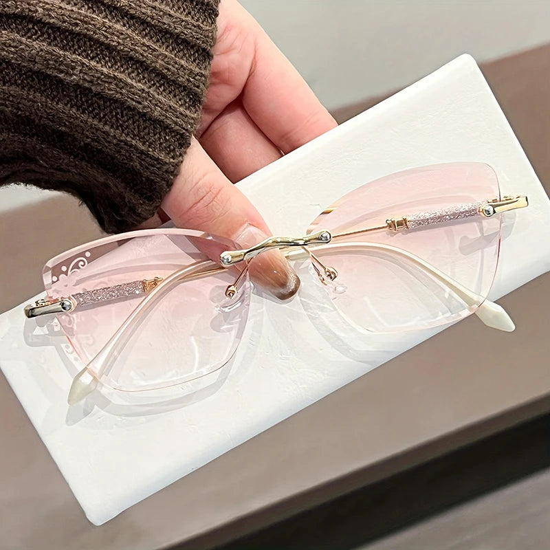 Chic Framless Cutting Reading Glasses Women Big Frame Cat Eyes Presbyopia Eyeglasses With Diopter +1.0+1.5+2.0+2.5+3.0+3.5+4.0