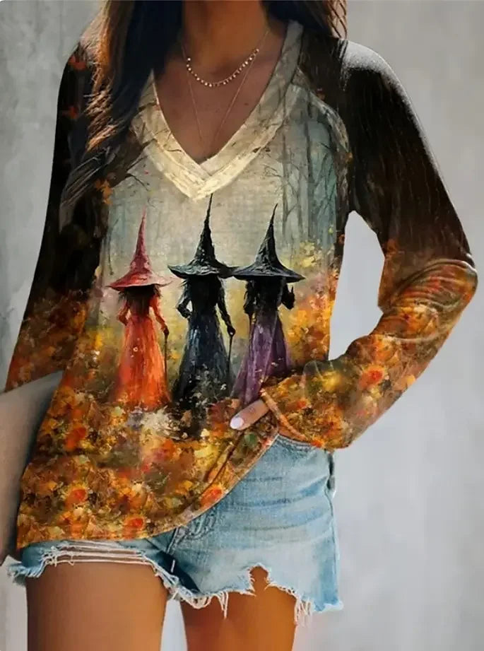 2025 Halloween Women's T-Shirts Graphic Witch Elegant Vintage Tees Long Sleeve T-shirts V-Neck Regular Tops Casual Pullover