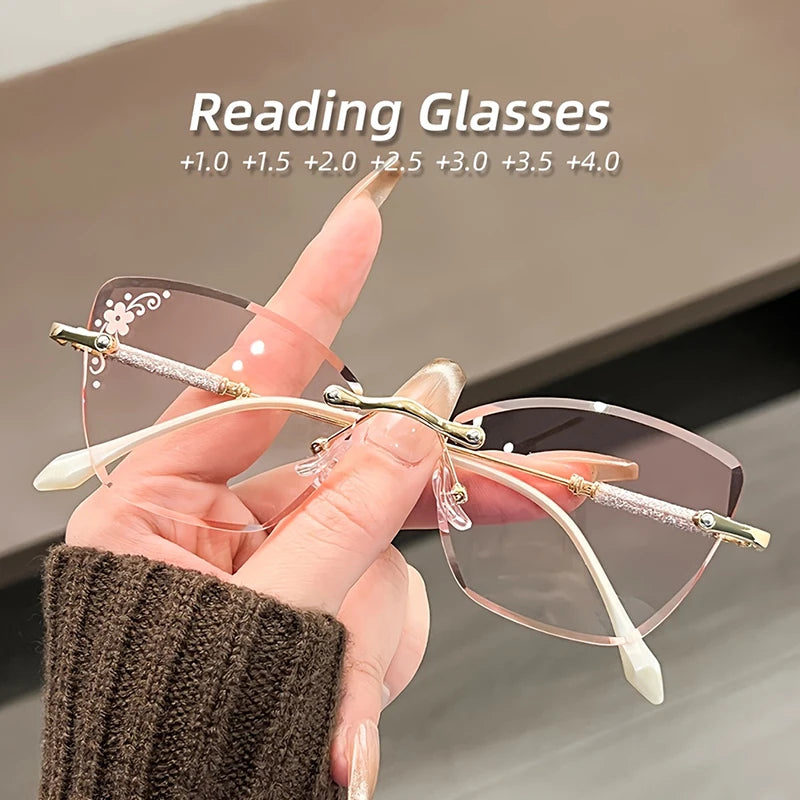 Chic Framless Cutting Reading Glasses Women Big Frame Cat Eyes Presbyopia Eyeglasses With Diopter +1.0+1.5+2.0+2.5+3.0+3.5+4.0