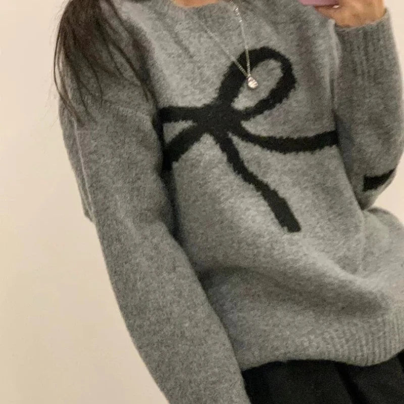 O-neck Long Sleeve Bow Tie Pattern Sweet Pullover Sweater Autumn Women Knitted Top Loose Elegant Fashion Winter Casual Knitwear
