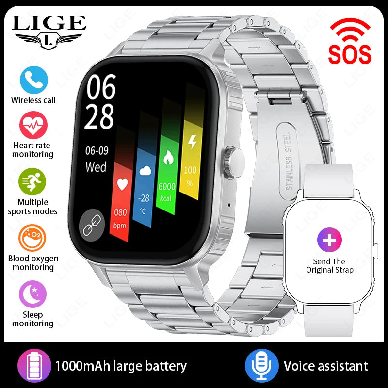LIGE New 2.04" HD Display Health Monitor Smart Watch 2025 1000mAh Large Battery Bluetooth Call IP68 Waterproof Sports Smartwatch