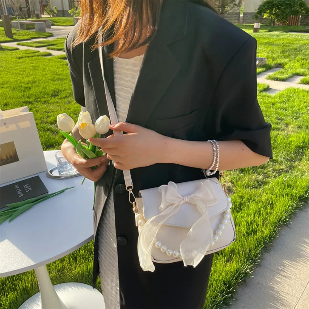 Solid Color PU Leather Pearl Chain Bag Bow Knot Fashion Top-Handle Bag Women Canvas Large Armpit Bag Shoulder Bag