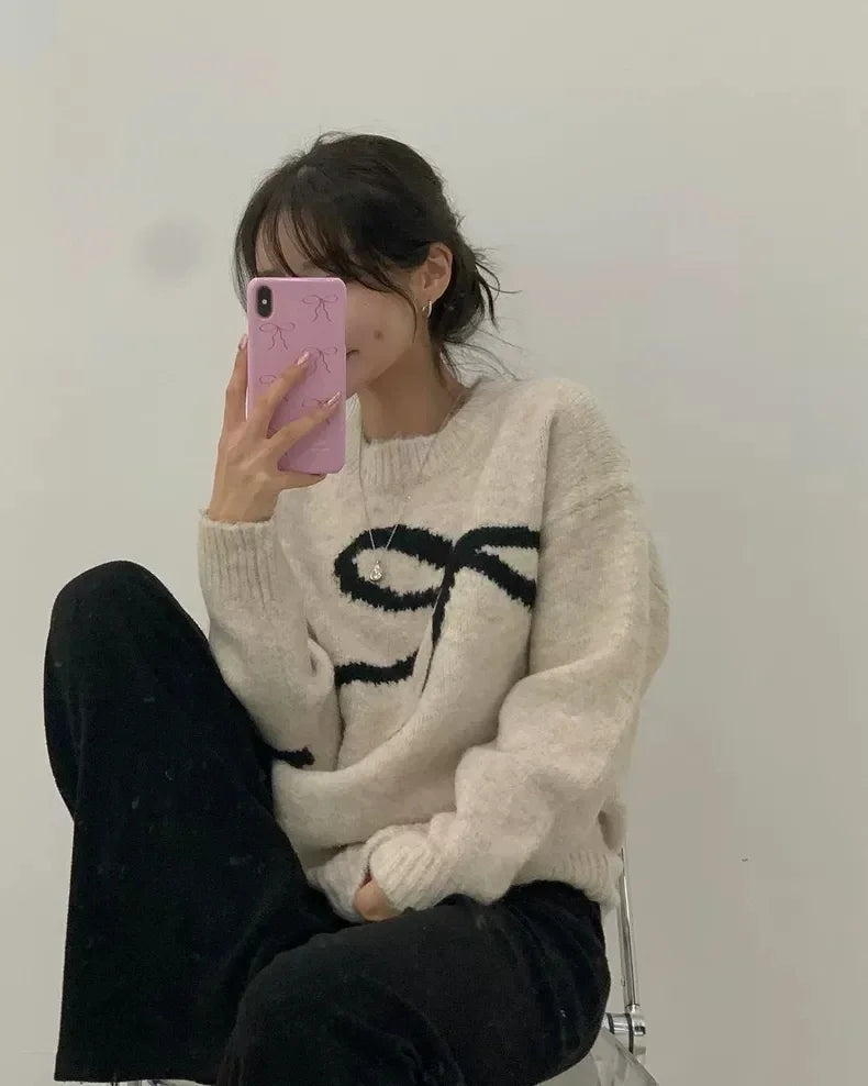 O-neck Long Sleeve Bow Tie Pattern Sweet Pullover Sweater Autumn Women Knitted Top Loose Elegant Fashion Winter Casual Knitwear