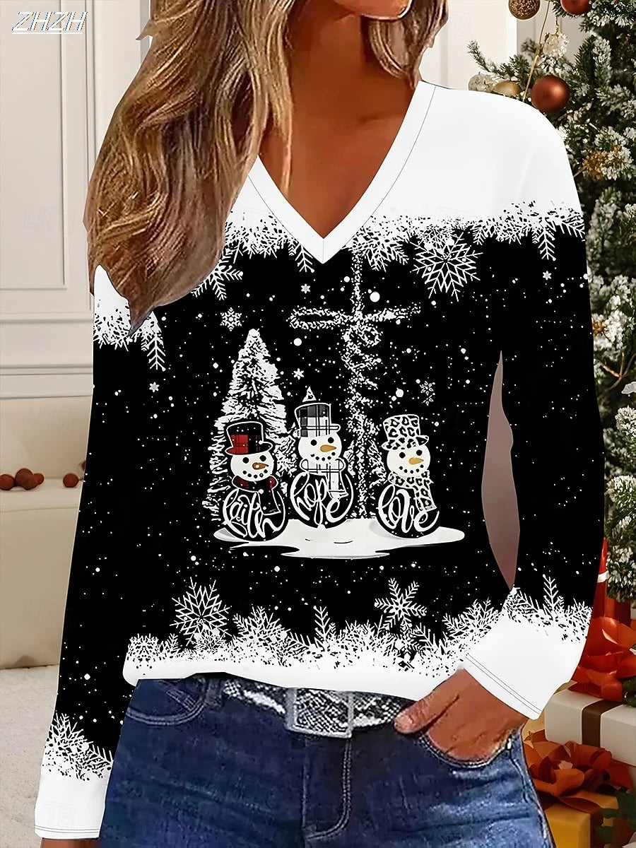 Christmas Women's T Shirt Graphic Snowman Christmas Tree Fashion Stylish Long Sleeve V Neck Regular Tops Daily Print Fall Winter