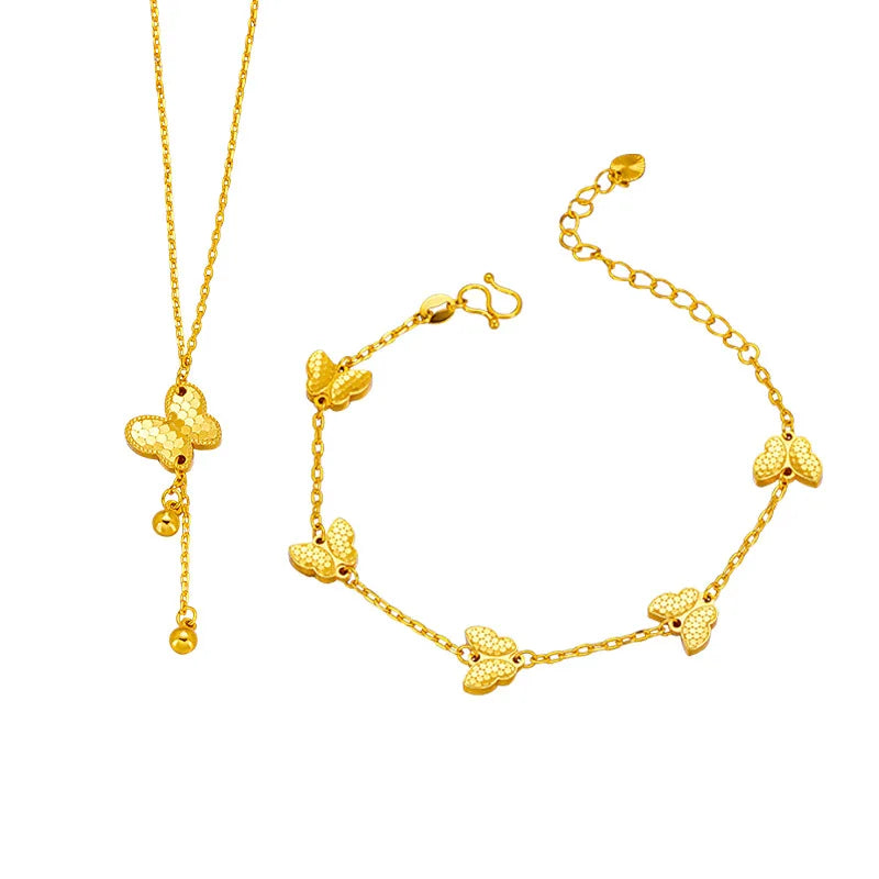Luxury 24K 9999 Pure Gold real gold Butterfly Bracelet Necklace Two-piece Women's Necklace