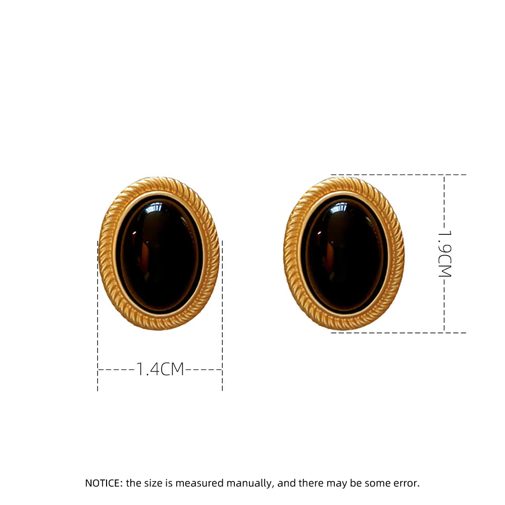 2025 New Retro Gold Color Metal Line Black Oval Shaped Stud Earrings for Women Advanced Design Elegant Young Girls Party Jewelry