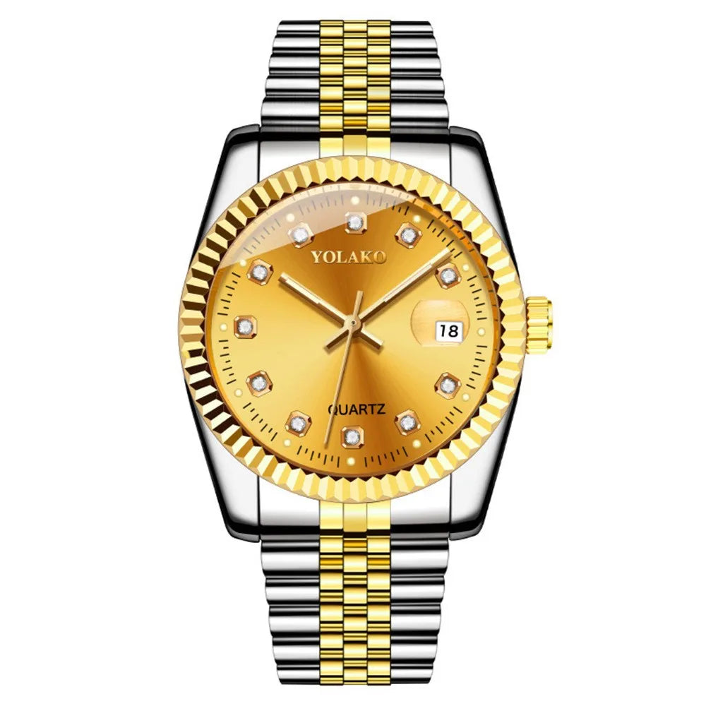 Watches for Women Simple Casual Student Fashion Quartz Diamond-Encrusted Steel Band Calendar Gold Set Men's Watch Couple