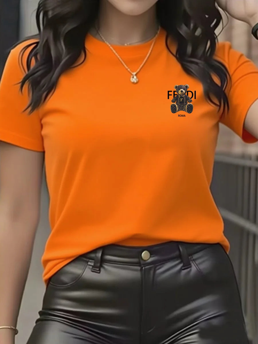 summer Graphic T-Shirt Short Sleeve Crew Neck with Soft Comfortable Spring Women's Light Blue Casual Teddy Bear