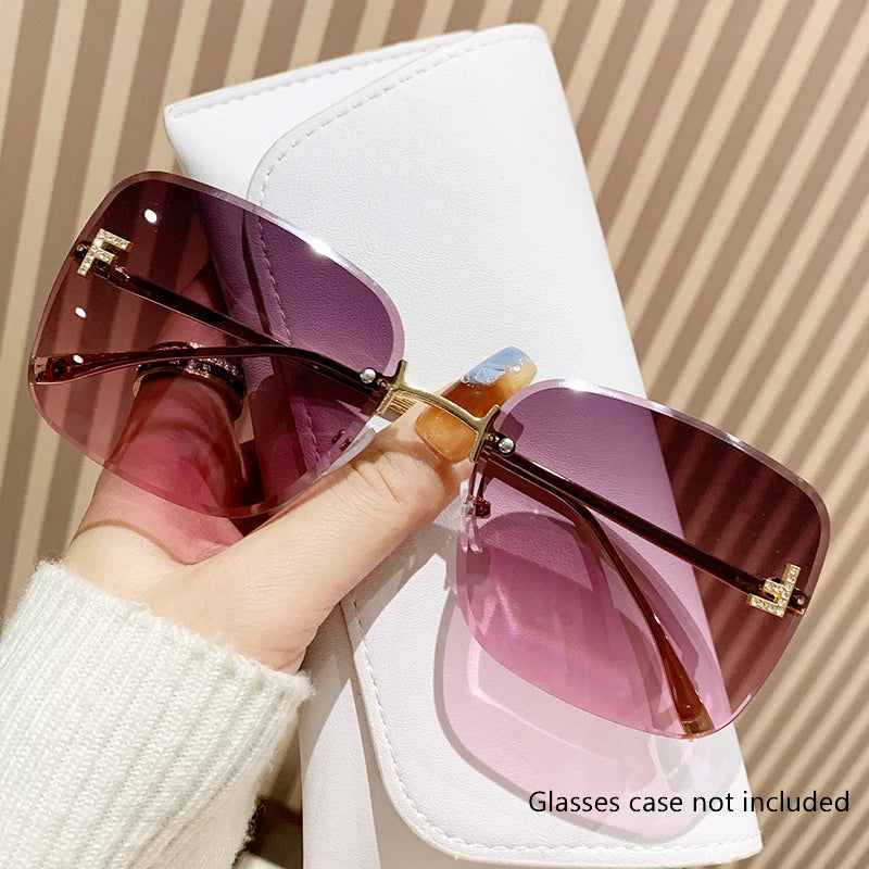 Diamond-in Sunglasses Letter F Frameless Edged Sunglasses Metal Square Large Frame Trendy Glasses Women 90267