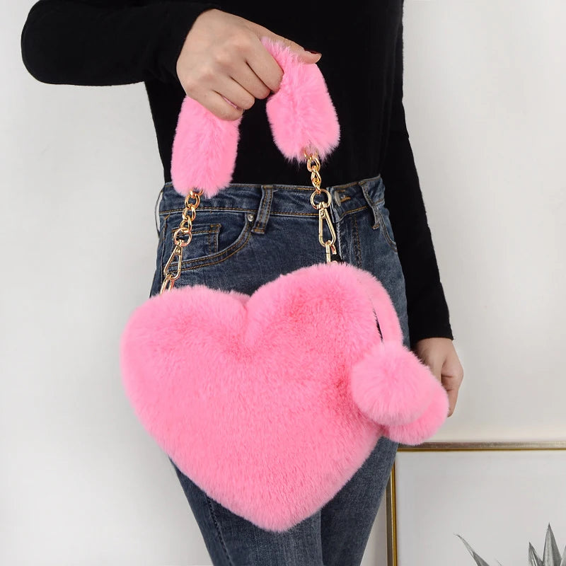 Trendy Ladies Plush Love Heart Shaped New Fashionable Solid Color Soft Comfortable Purses Popular Women Hand Bags